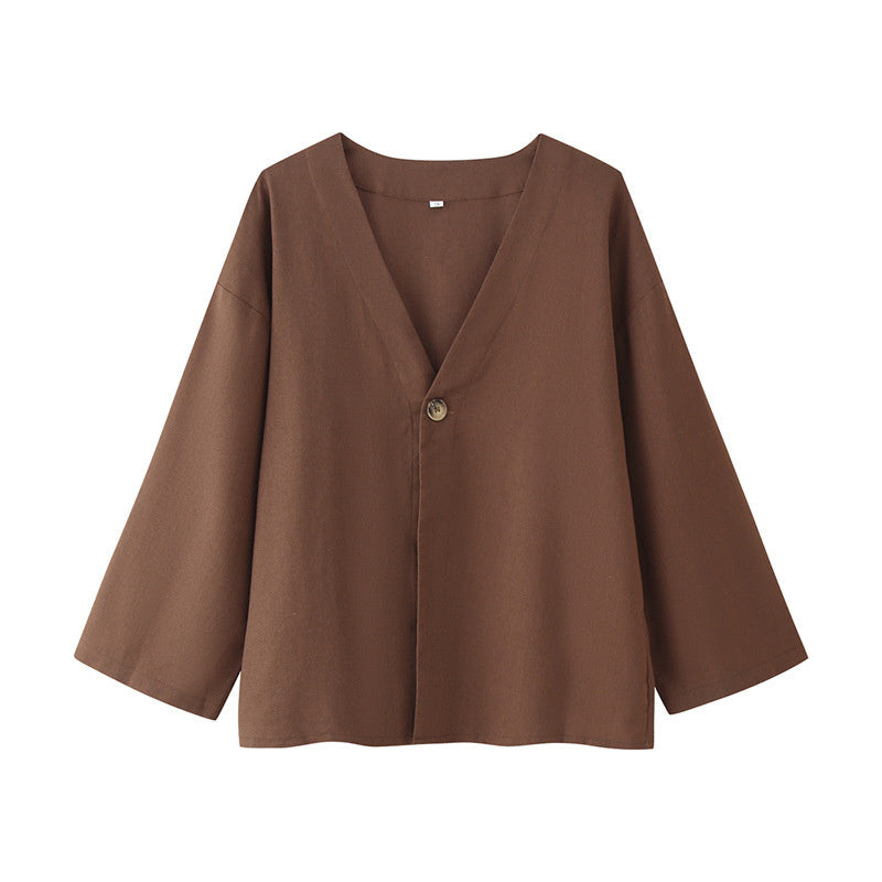 Cotton And Linen Casual Loose V-neck Solid Color Two-piece Set