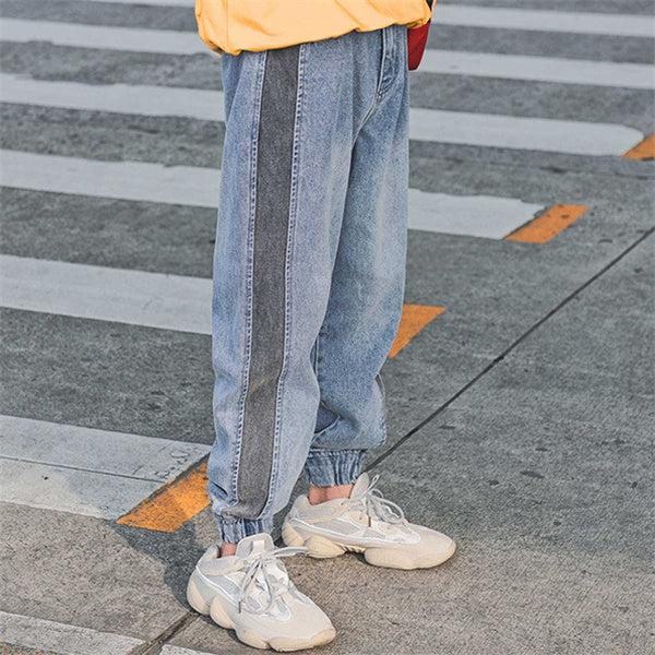 Jean crayon en coton bleu à empiècements M-2XL