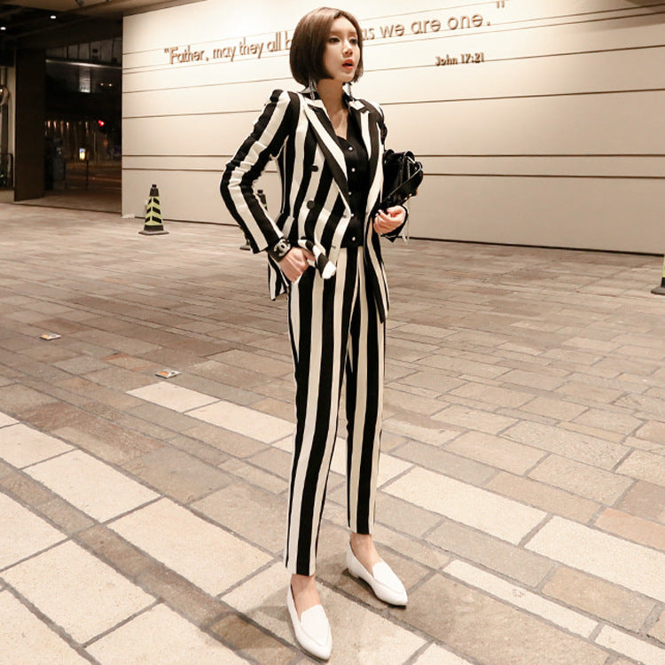 Double Breasted Black & White Striped Professional Women's Suit