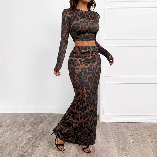 Round Neck Sexy Sheath Long Sleeve Leopard-print Slim-fit Split Suit