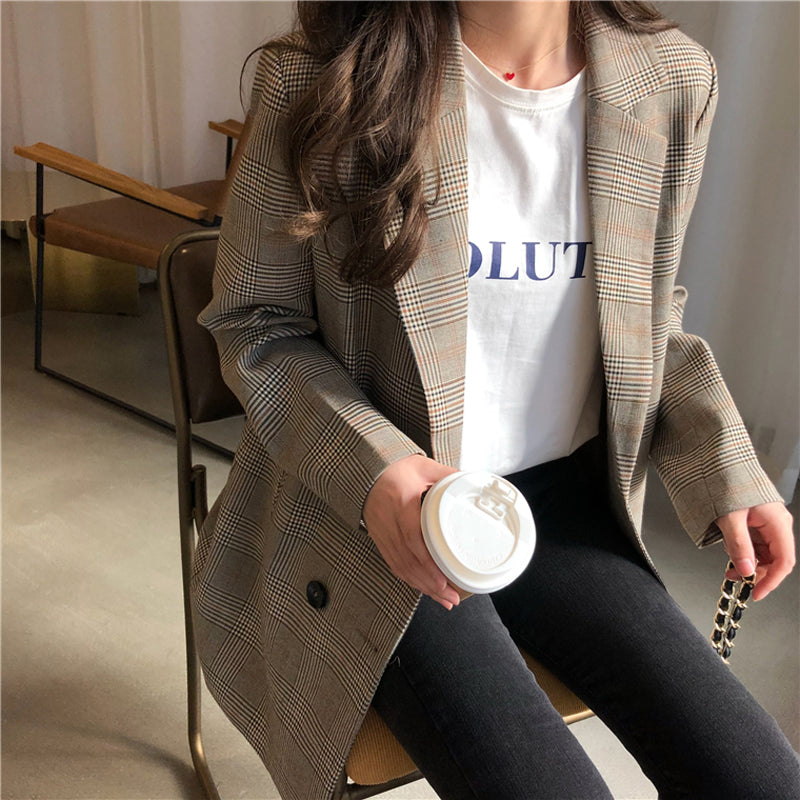 Plaid Ladies Blazer Double-Breasted Medium Length