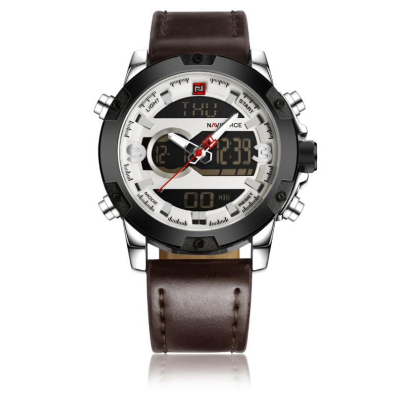 Men's Leather Digital Army Military Sport Watch 46.5mm Quartz Waterproof