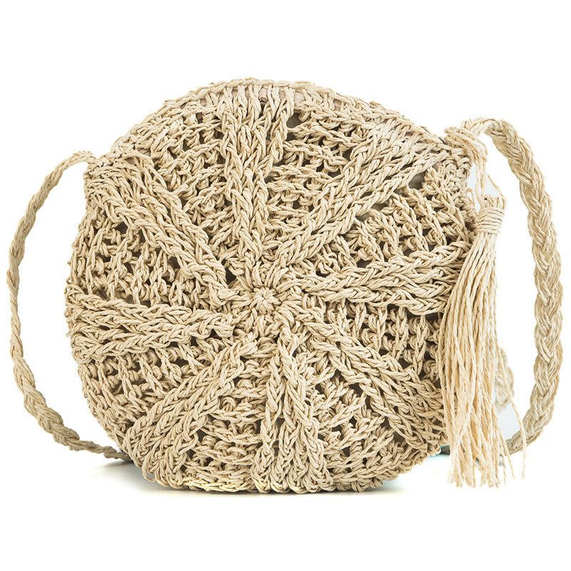 Hollow Round Straw Bag with Zipper – Coffee & Beige, 18x16x23cm