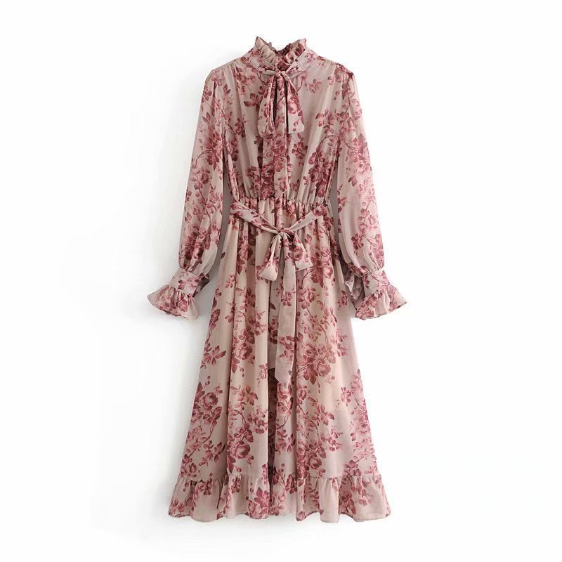 Robe évasée en dentelle en mousseline de polyester à imprimé floral et lavallière