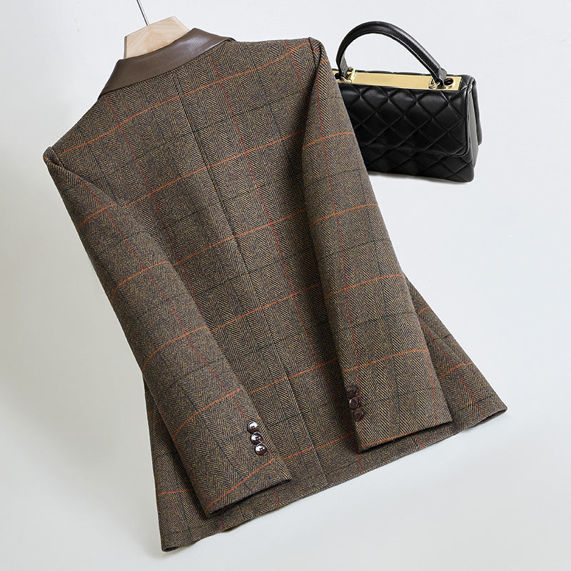 Slim Fit Brown Woolen Plaid Coat for Women