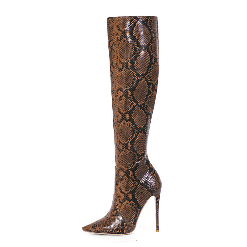 Spring Autumn Snake Pattern High-Top Stiletto Heel Boots with Side Zipper