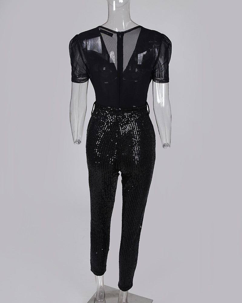 Combinaison longue à paillettes noire en V profond, mélange de coton