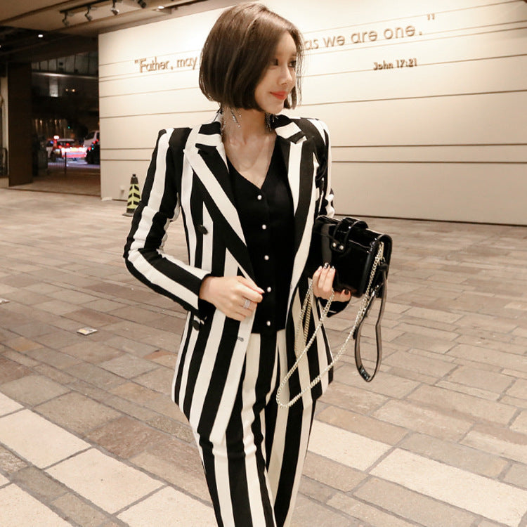 Double Breasted Black & White Striped Professional Women's Suit