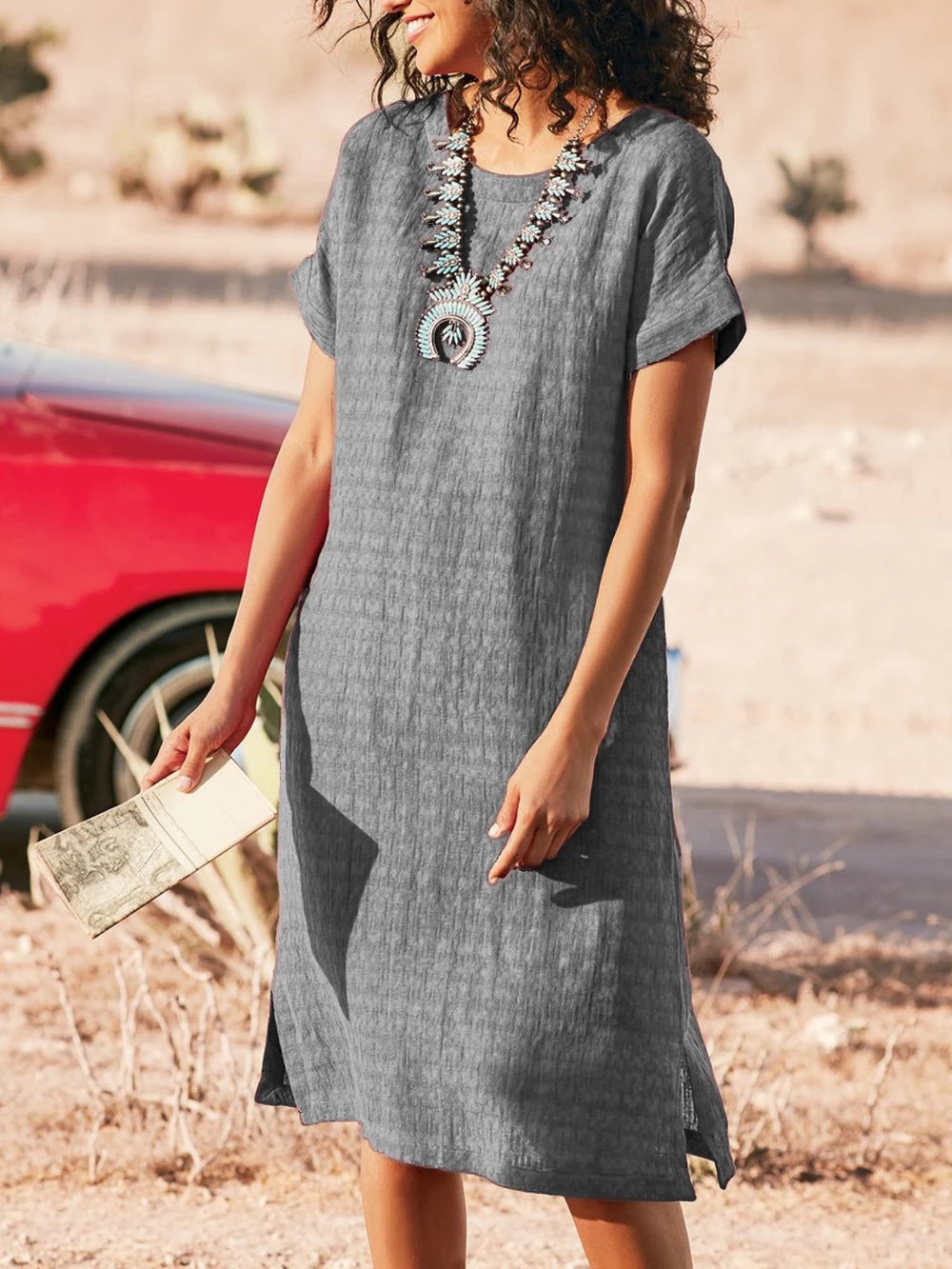 Round Neck Short Sleeve Midi Dress