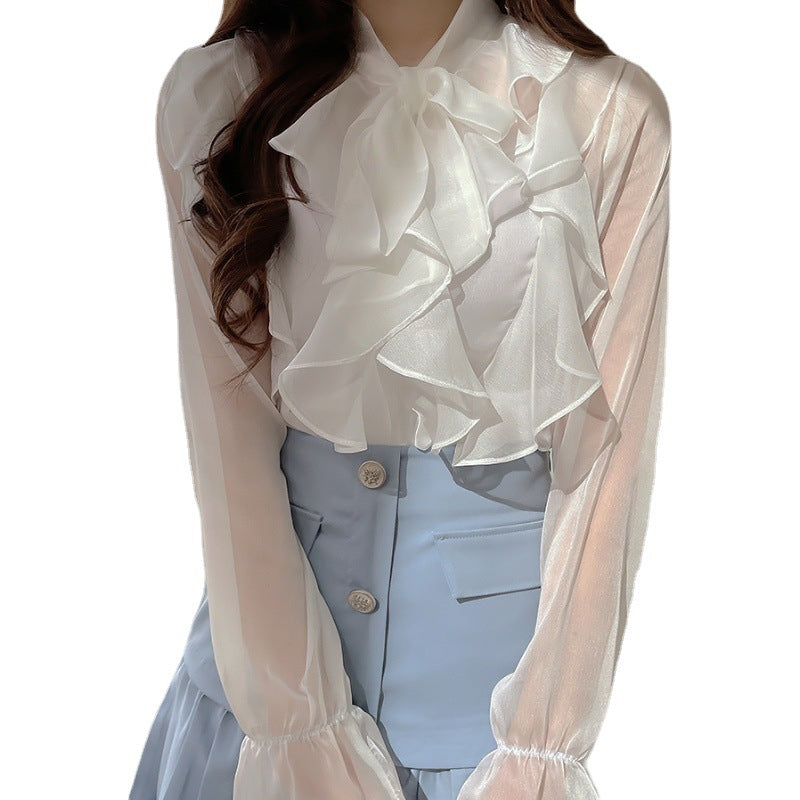 Women's Chiffon Lace-Up Shirt Long Sleeve Top in White & Gray