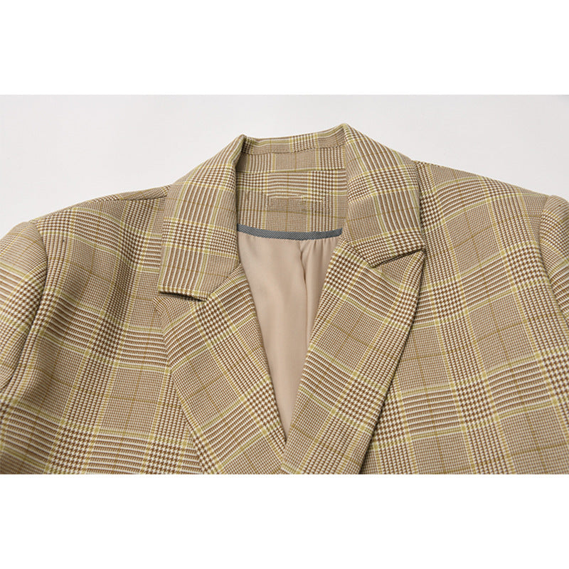 Women's Plaid Double-Breasted Blazer Polyester Fiber