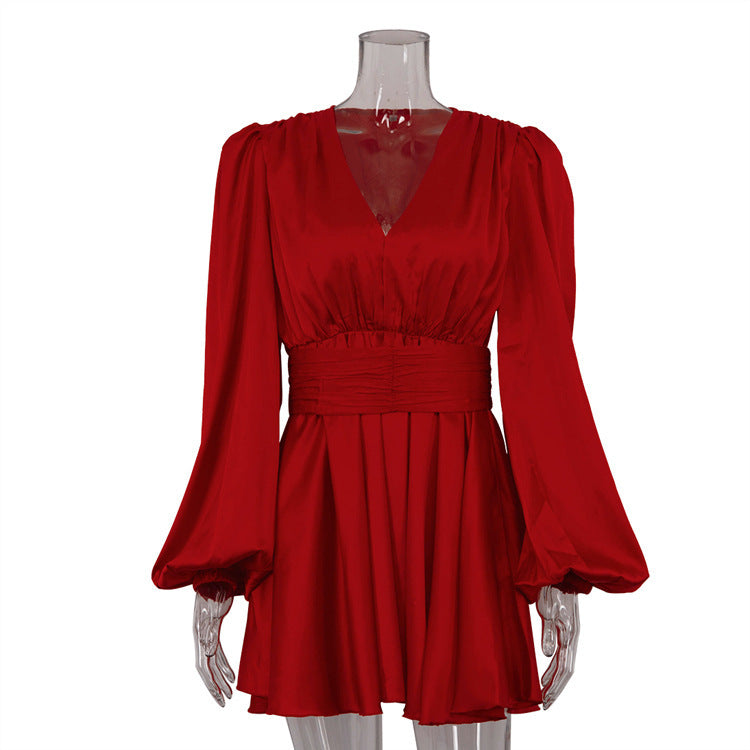 Red Puff Sleeve V-Neck Pleated Waist Tie Dress