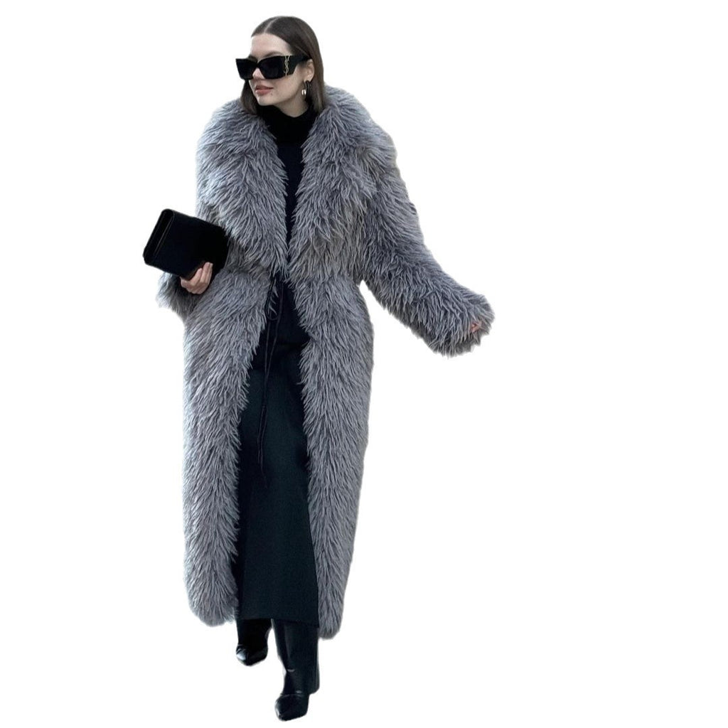 Gray Lapel Plush Coat Warm Thickened Fleece-Lined