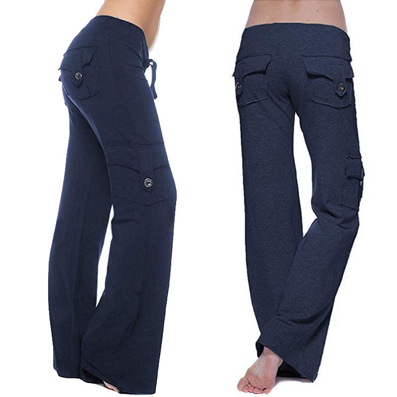 Women's High Waist Flared Cotton Pants with Multiple Pockets