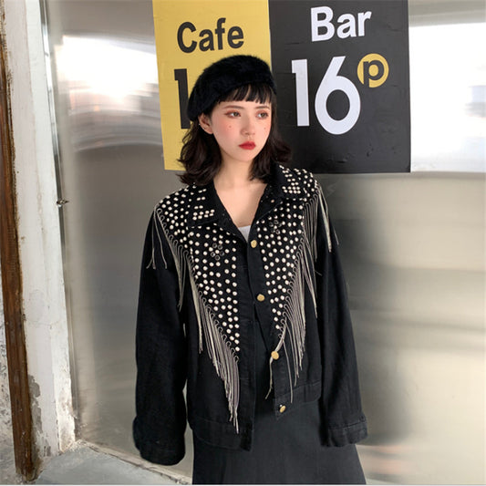Heavy Industry Beaded Diamond Tassel Short Denim Jacket