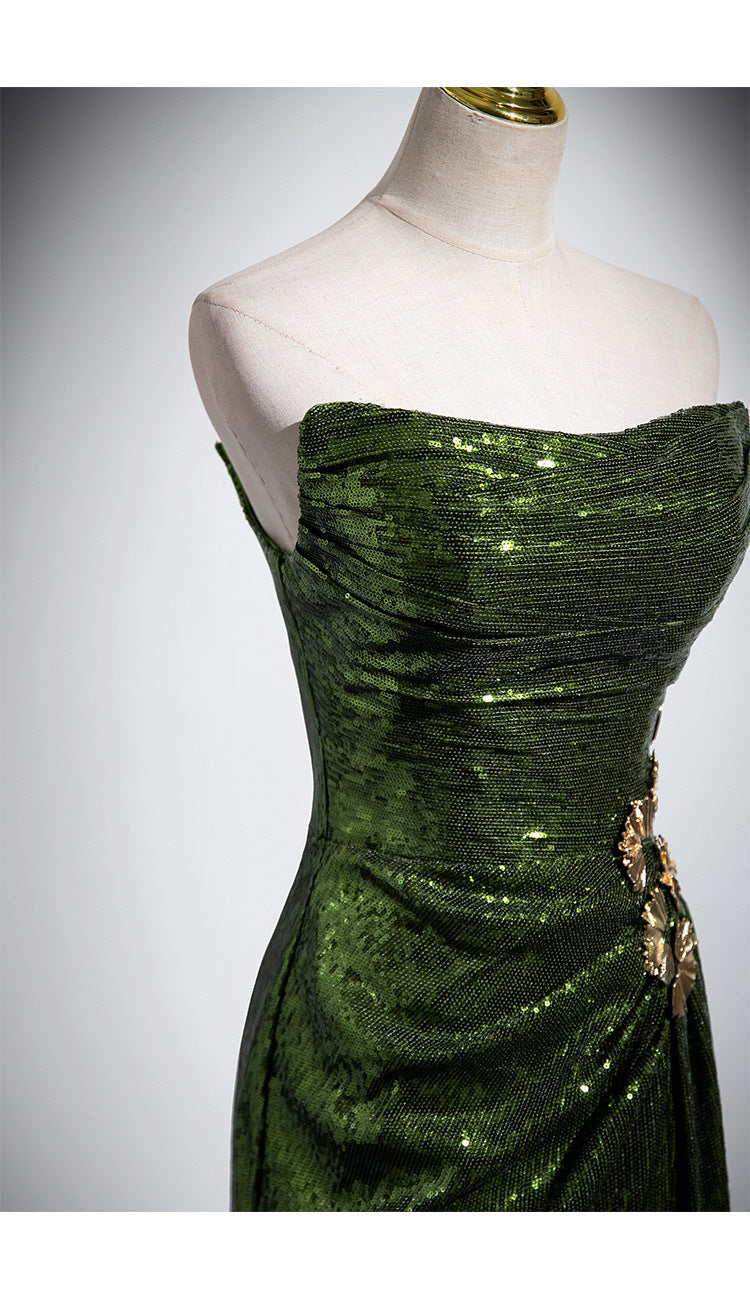 French Evening Women's Dark Green High Waist Slim Bridal Dress
