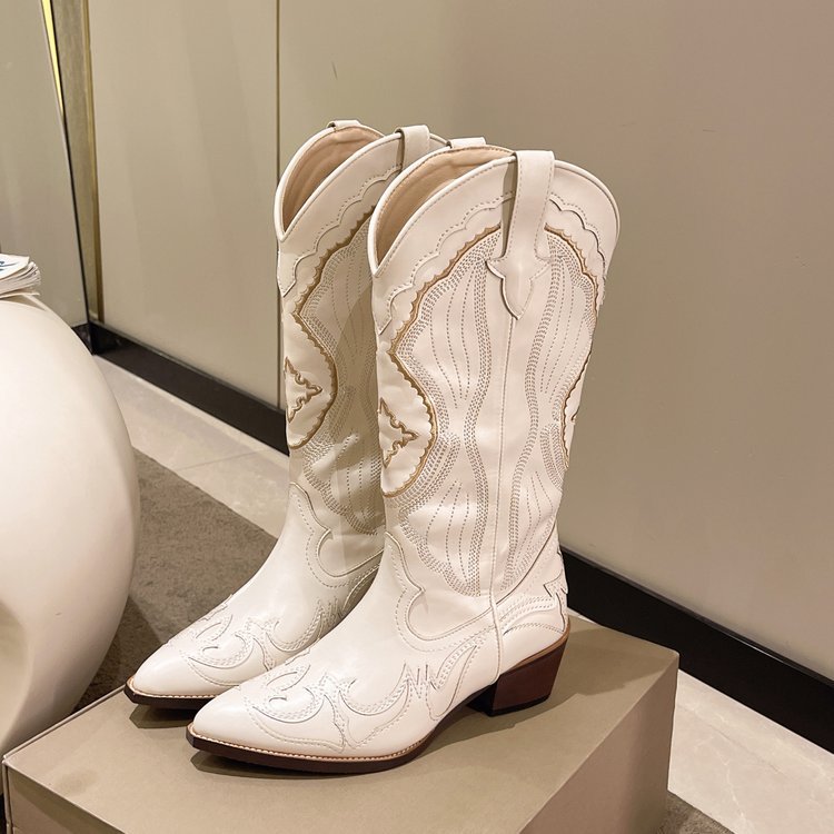 Bottes de cowboy western beiges brodées à talons hauts pour femmes, grandes tailles
