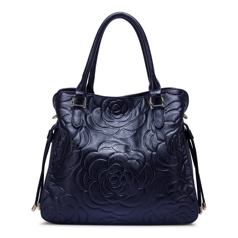 ZENCY Rose Pattern Leather Handbag – Cowhide, Multiple Colors, 30x28x11cm