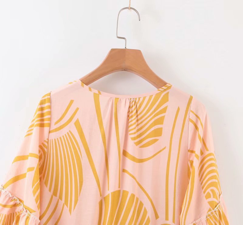Retro loose print puff sleeve long dress