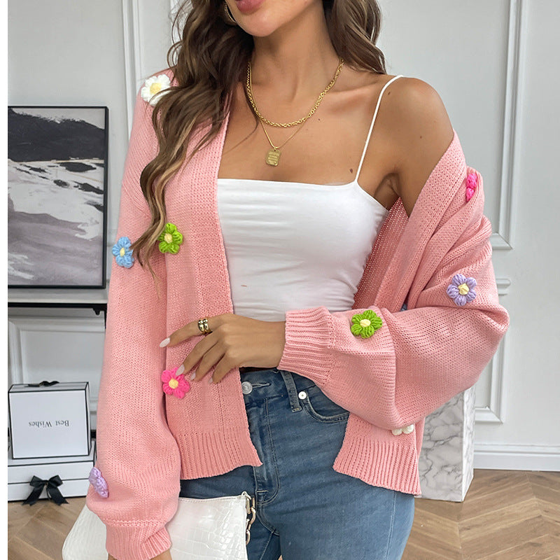 Gilet cardigan en maille à fleurs pour femme