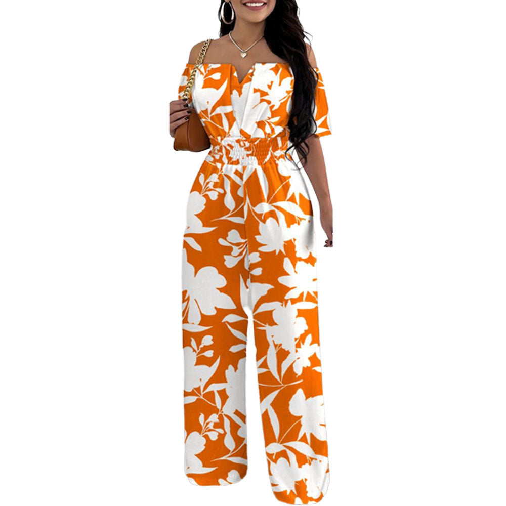 Women's Off-Neck Waist-Trimmed Loose Straight Jumpsuit