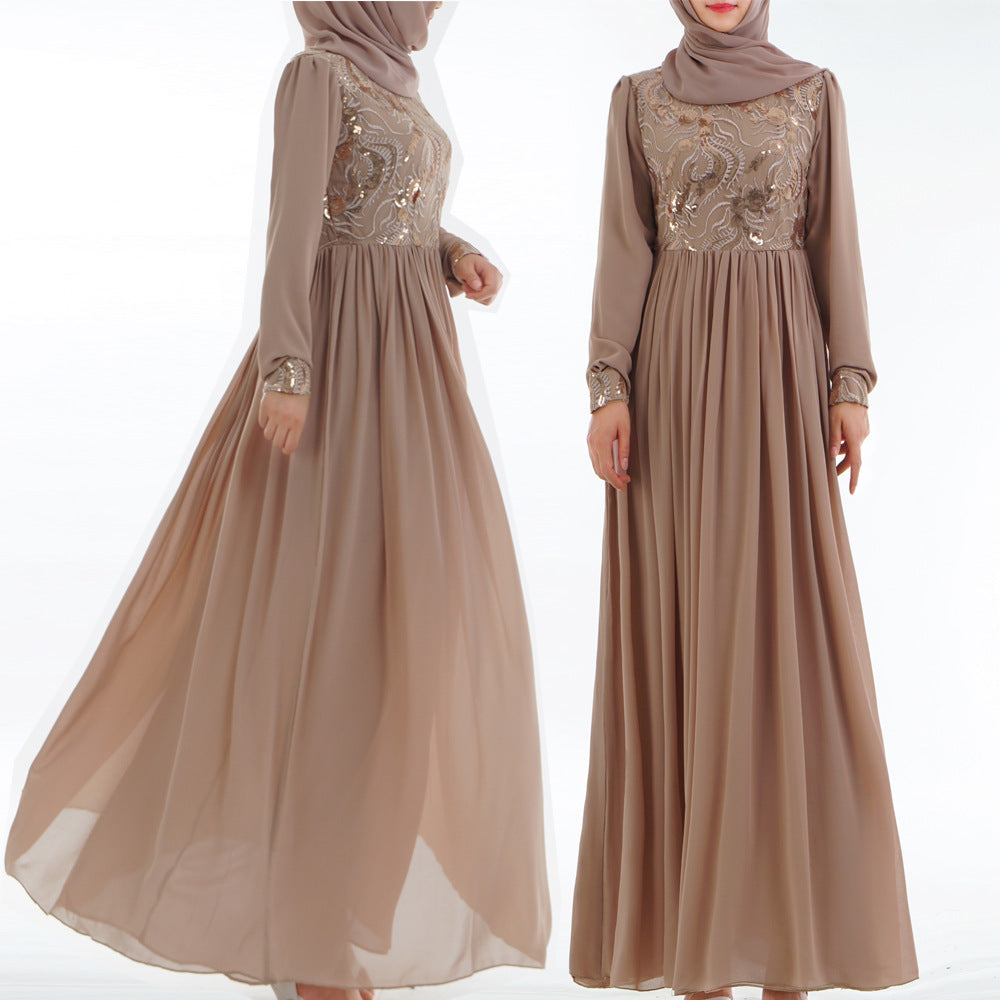 Robe musulmane brodée à manches longues en dentelle à sequins