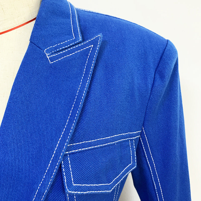 Cotton Denim Suit Jacket with Suit Collar and Wrap Sleeves