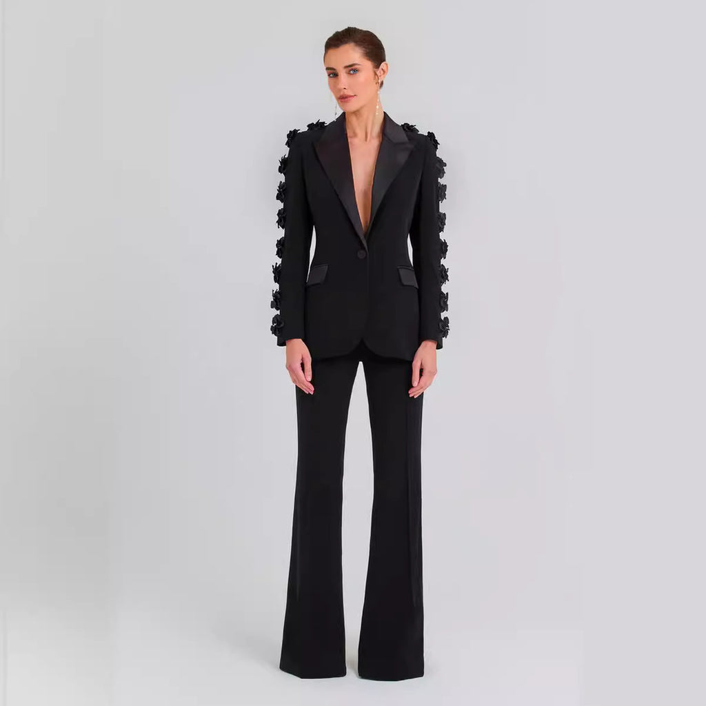 Élégante robe-tailleur deux pièces à manches longues et motifs floraux pour femme, en polyester noir