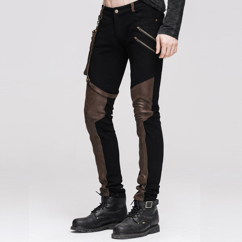 Stitching gear zipper leather pants black slim men's pant