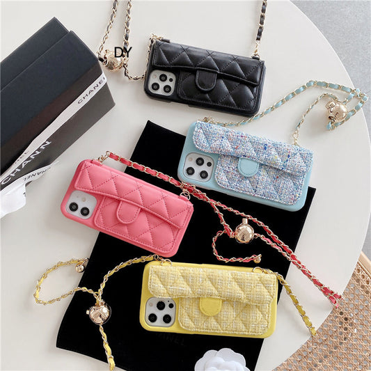 Compatible avec Apple, étui de téléphone portable petit format avec chaîne longue et boule dorée