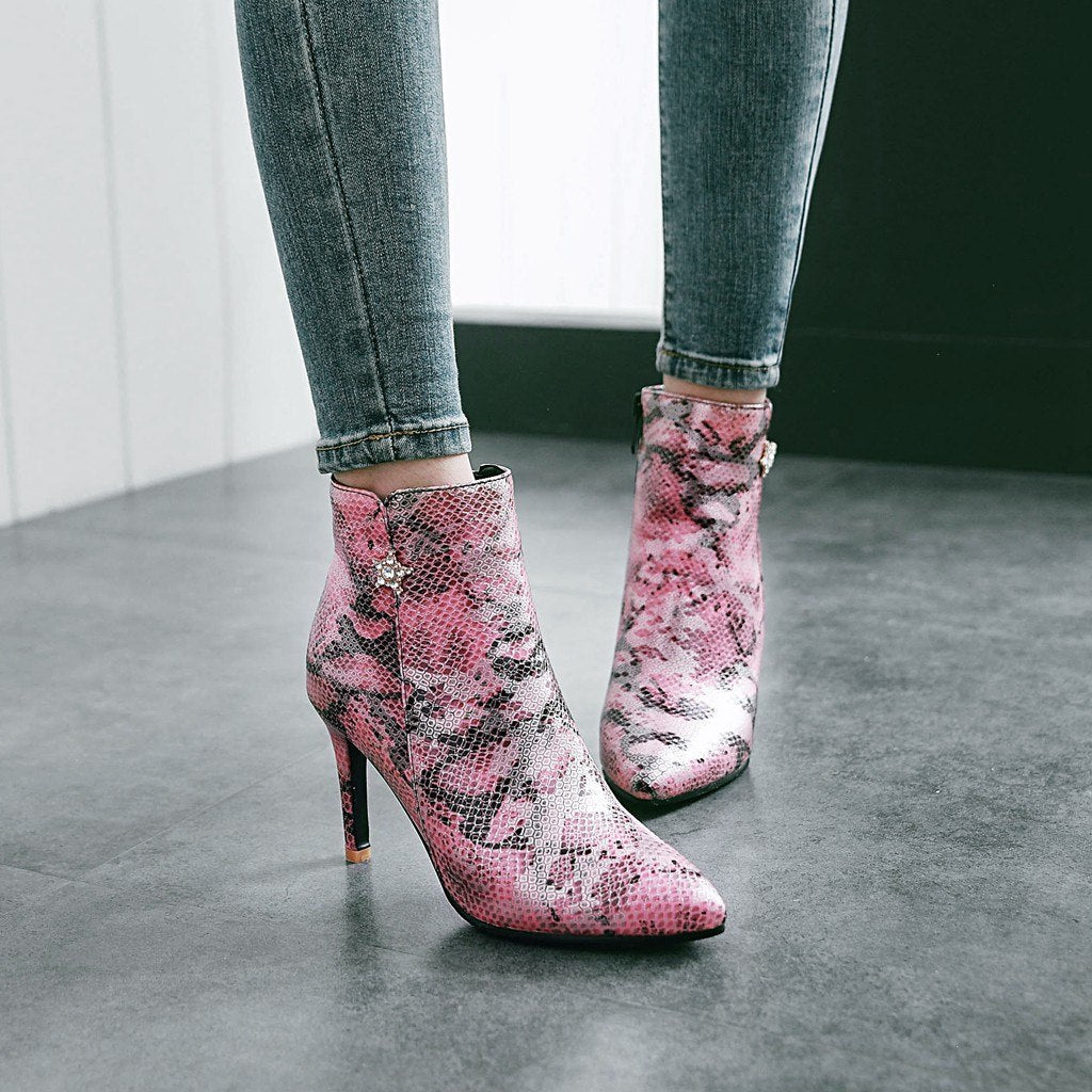 Bottes à talons aiguilles pointus à motif serpent avec fermeture éclair latérale pour femme