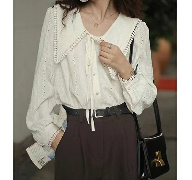 Chemise col large pointu style français pour femme, design début de printemps