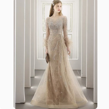 Diamond-Encrusted Long Evening Dress with Zipper and U-Neck