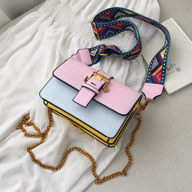 Color matching foreign style wide shoulder belt leisure chain women's bag