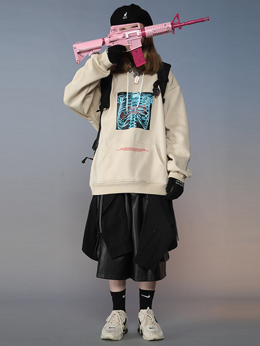 Men's Apricot & Black Skeleton Hoodie with Hooded Collar, Sizes M-2XL
