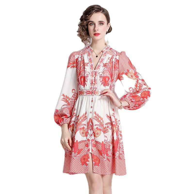 Women's Elegant Retro Print Lantern Sleeve Neck Waist Dress