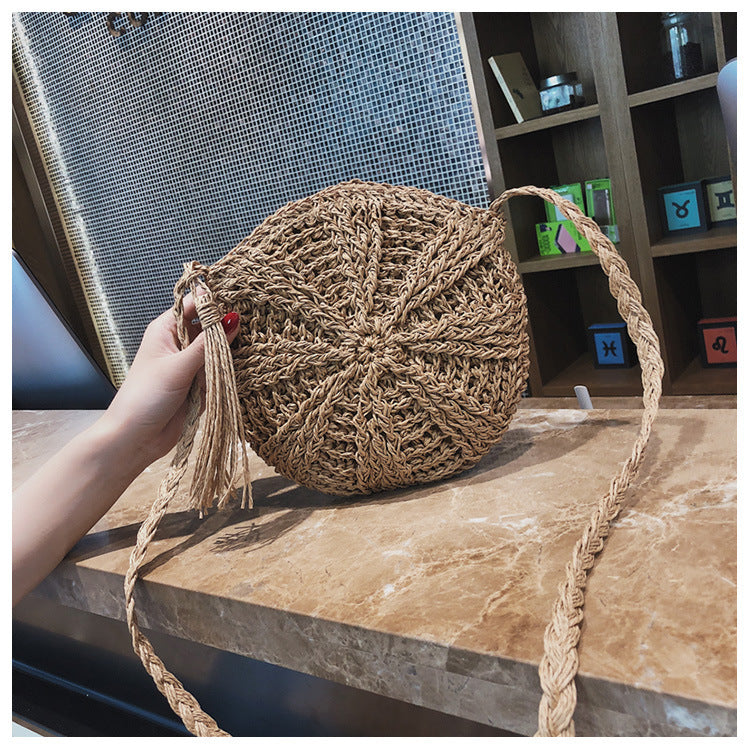 Hollow Round Straw Bag with Zipper – Coffee & Beige, 18x16x23cm