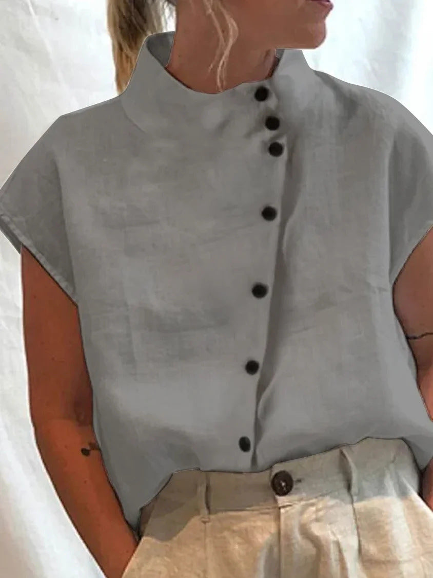 Chemise décontractée en coton et lin pour femme, col montant, coupe ample