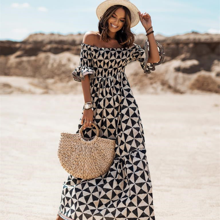Women’s One Word Collar Sexy Printed Mid-Waist Long Dress