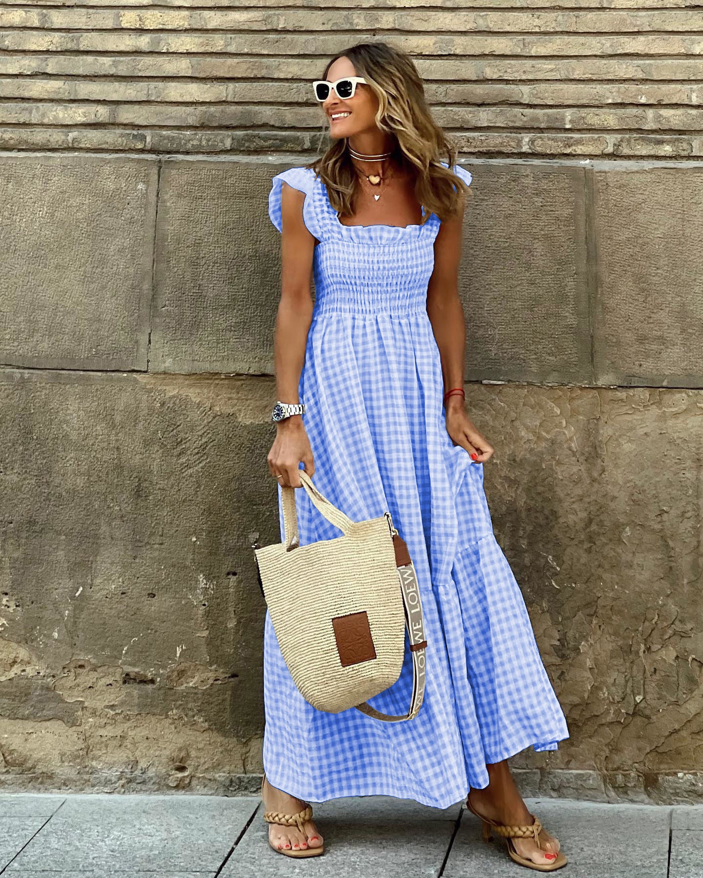 Robe de plage sans manches plissée à volants et motif à carreaux d'été pour femme