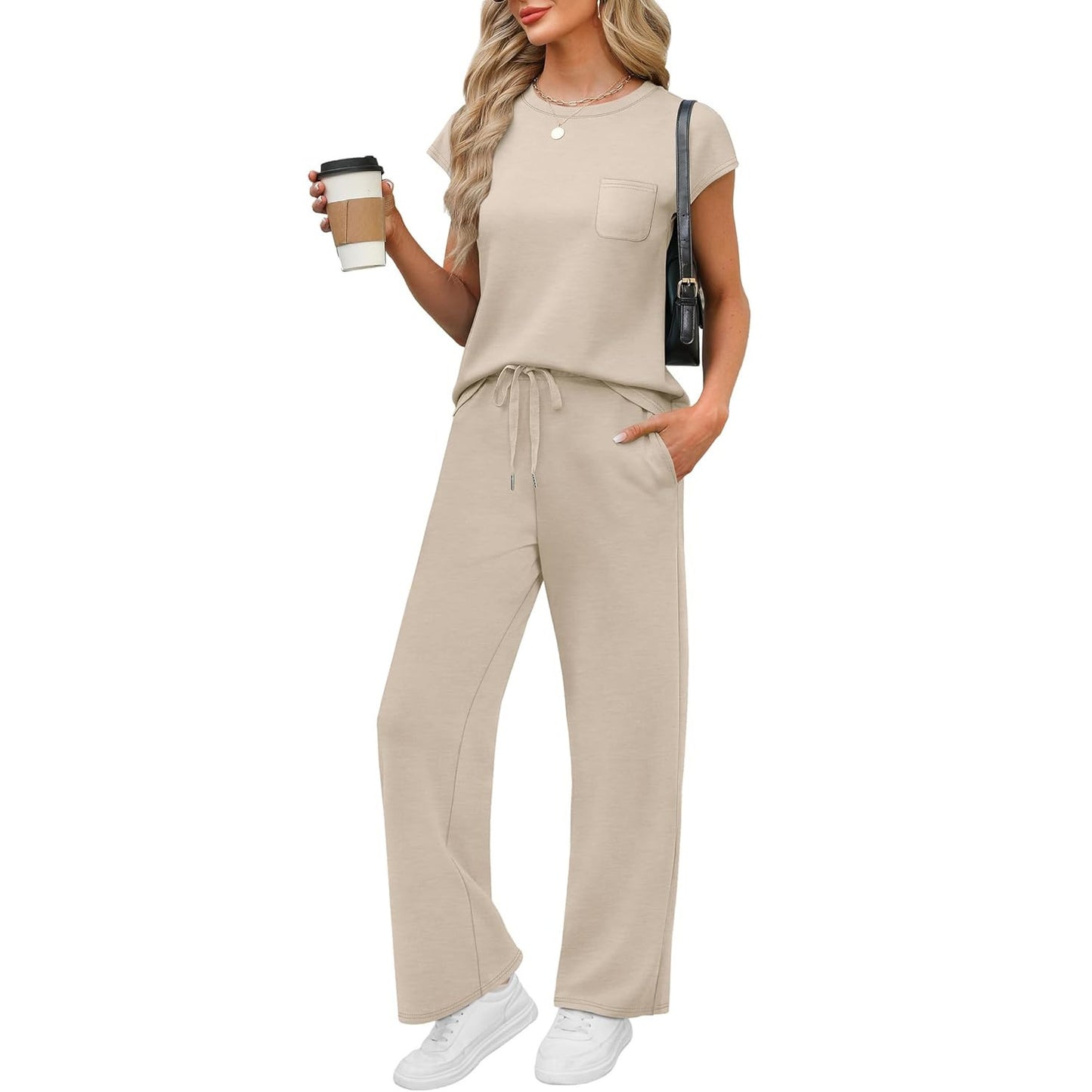 Round Neck Loose Short Sleeves Pocket Two-piece Pants Casual Suit