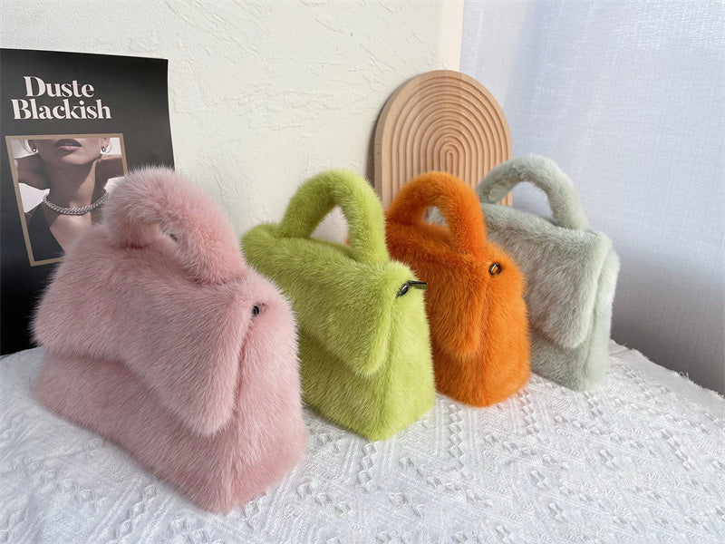 Mink Fur Hourglass Wrapped Clutch with Hard Handle - Plush, Magnetic Buckle, 22x26x18cm, Multiple Colors