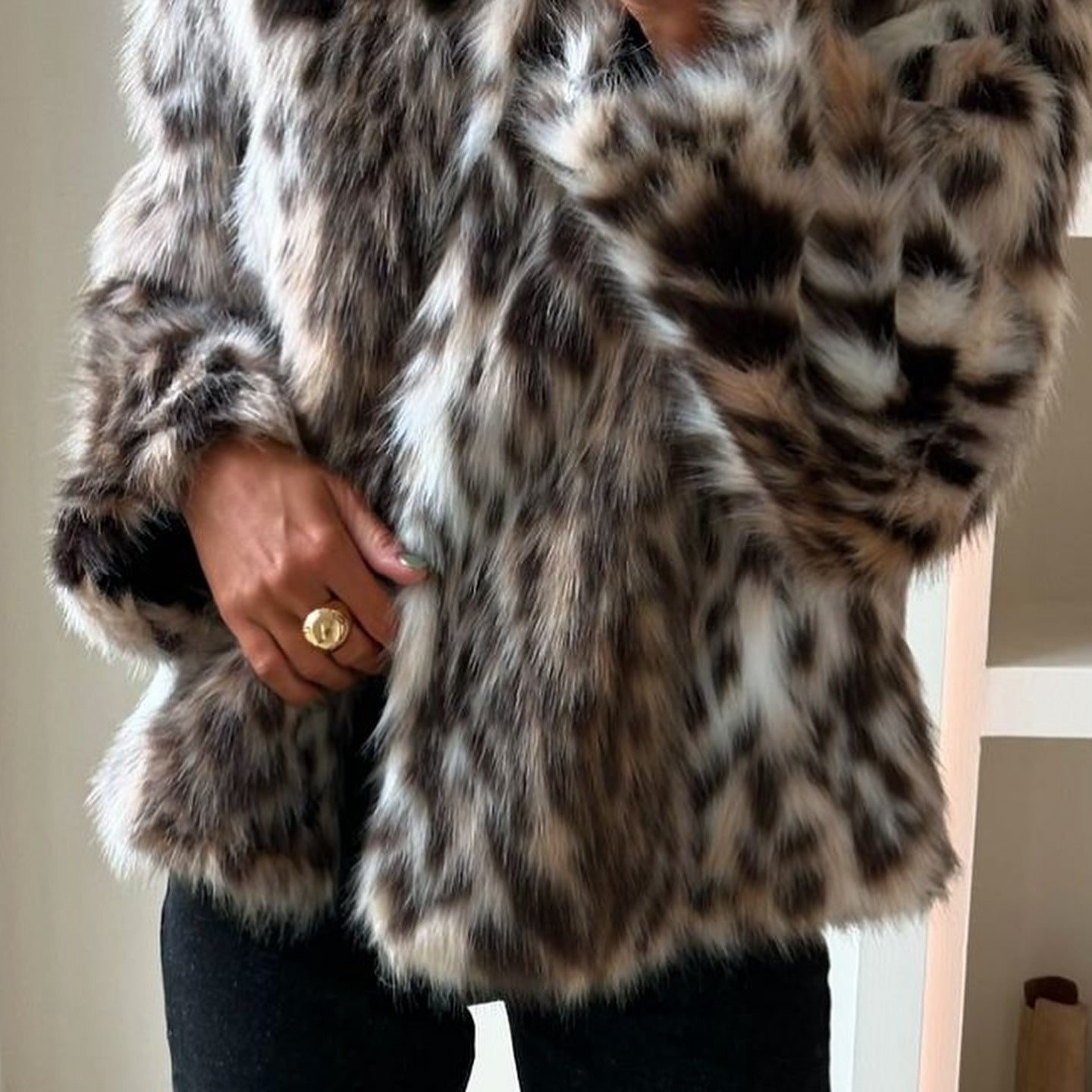 Leopard Print Short Lapel Fur Coat for Women