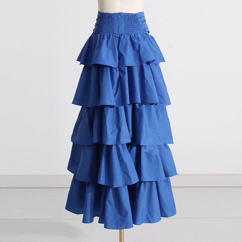 Women's V-Neck Lace Short Top & High Waist Cake Layer Dress Suit