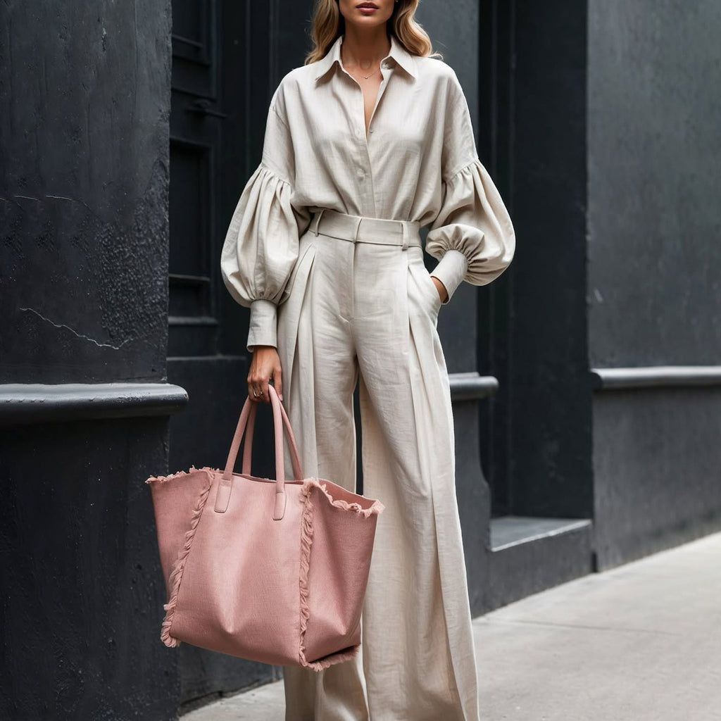 Cotton Linen Two-Piece Suit Long-Sleeve Shirt & Wide-Leg Pants
