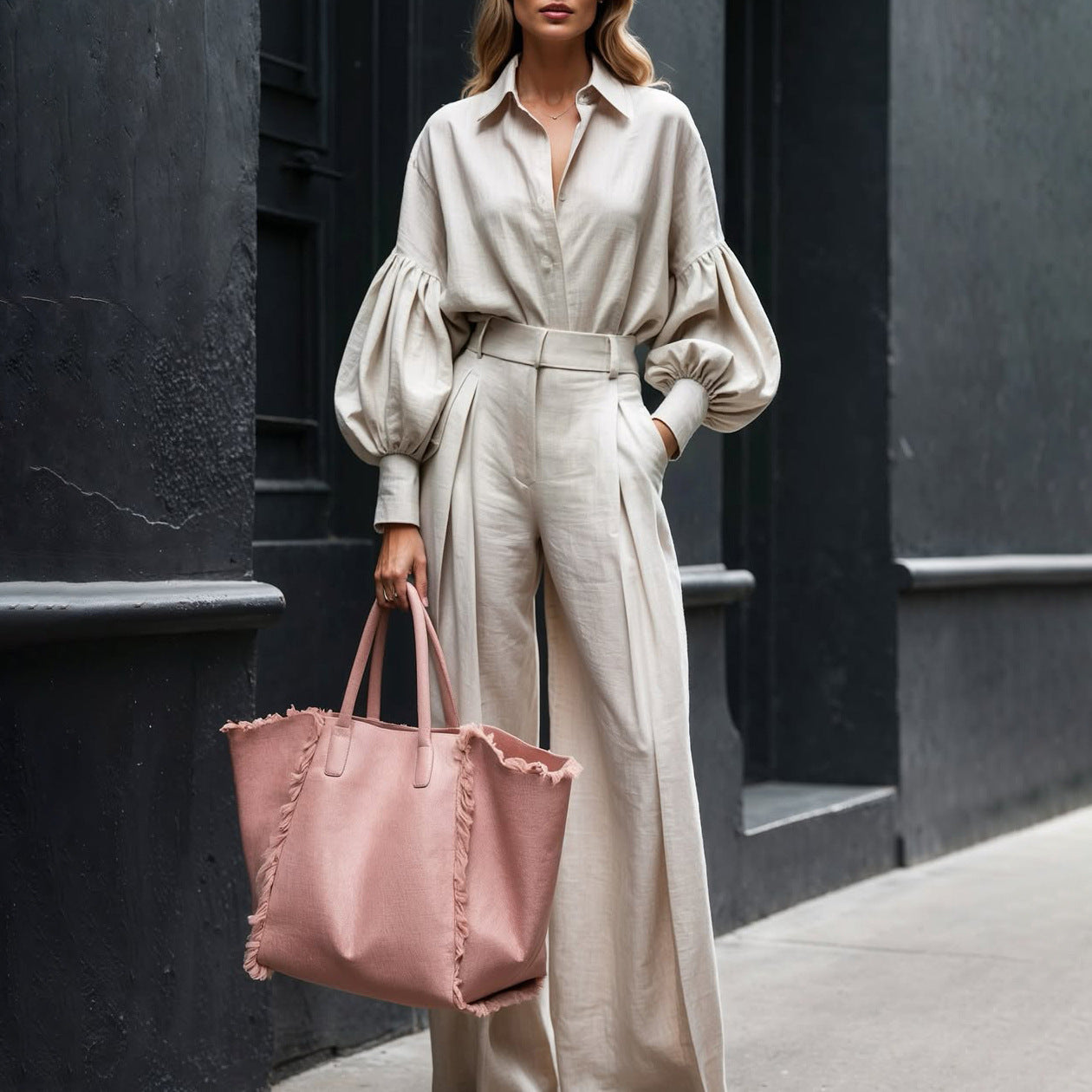 Cotton Linen Two-Piece Suit Long-Sleeve Shirt & Wide-Leg Pants