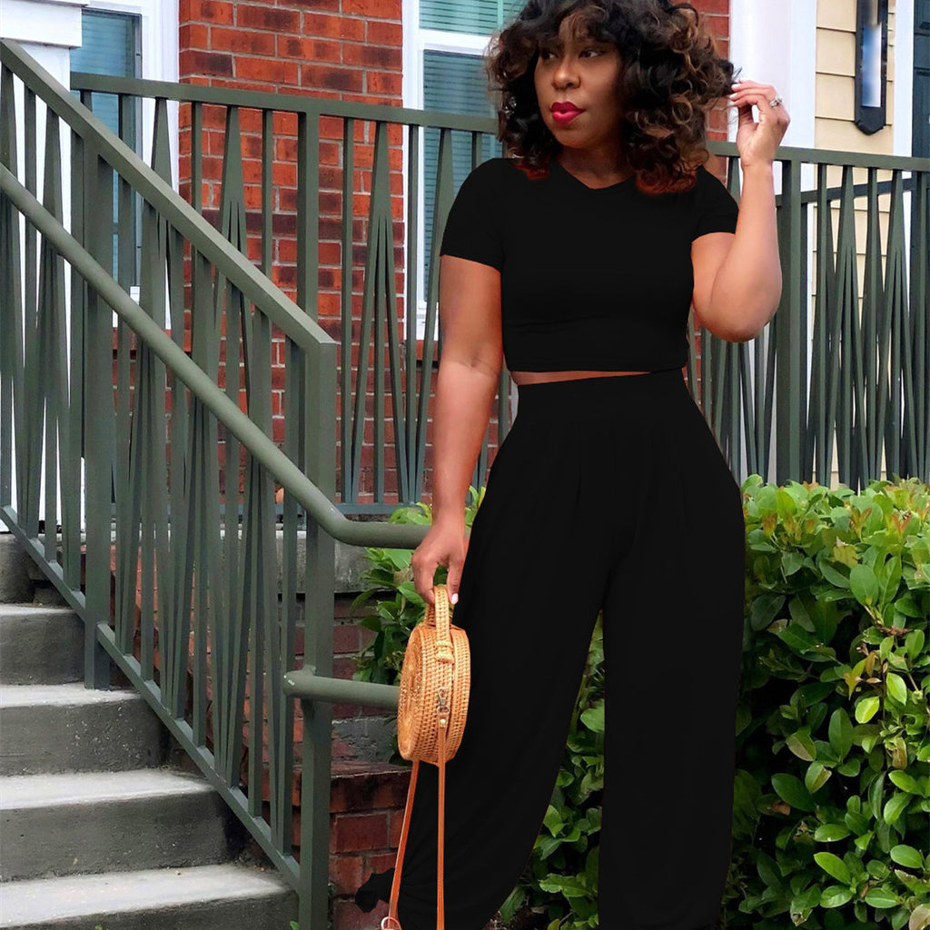 Solid Color Midriff Bell-Bottom Pants Casual Suit for Women