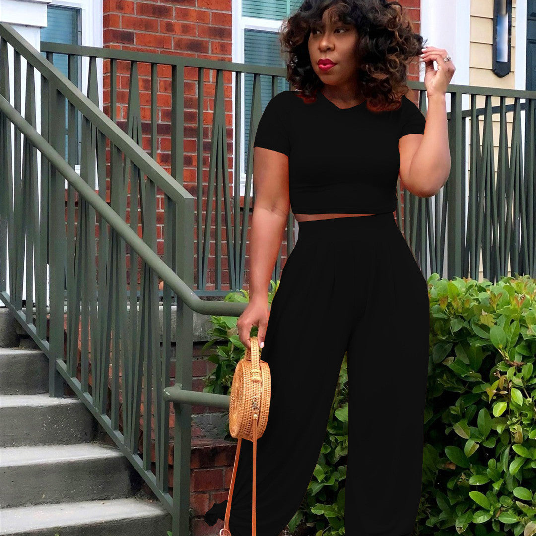 Solid Color Midriff Bell-Bottom Pants Casual Suit for Women