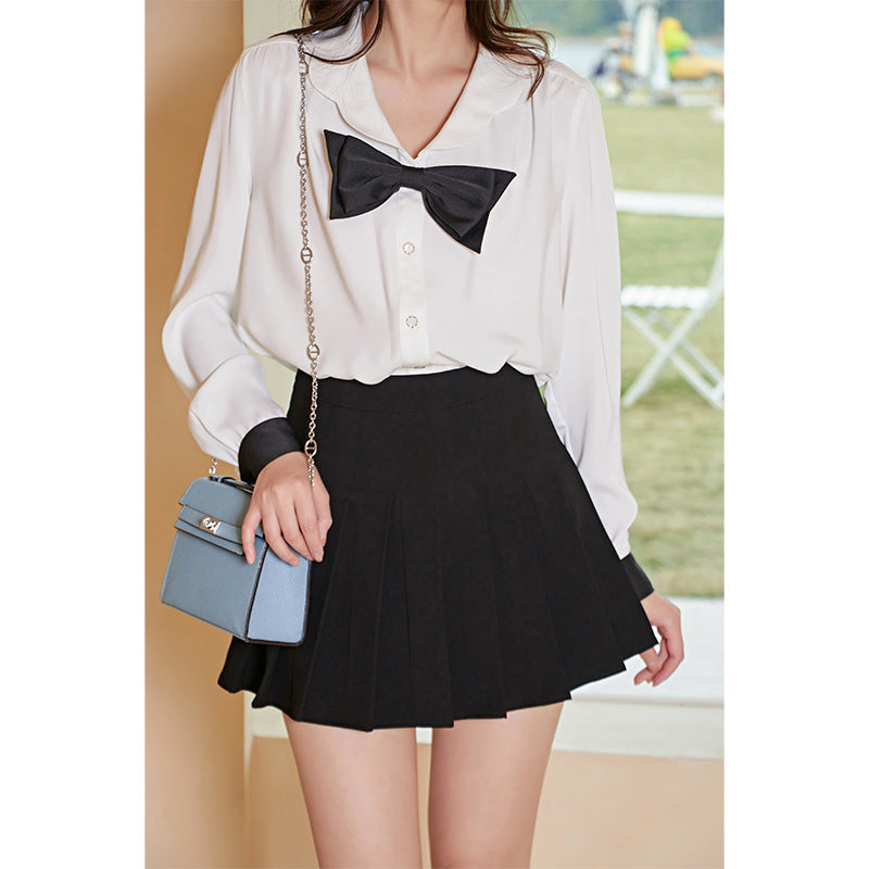 Slim Fit Doll Collar Long Sleeve Bow Shirt