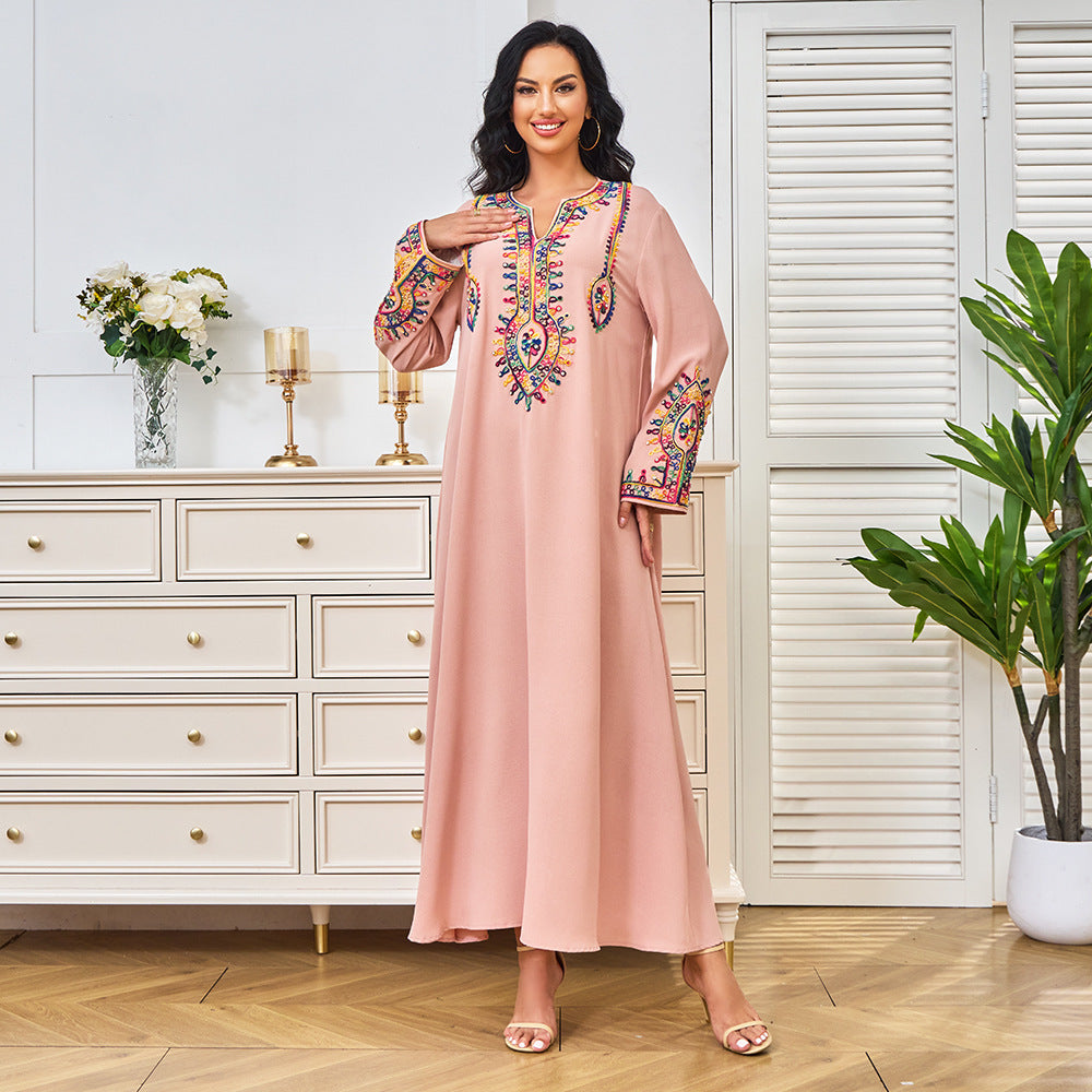 Pink Embroidered Middle Eastern Long Sleeve Dress for Women S-XXL Polyester